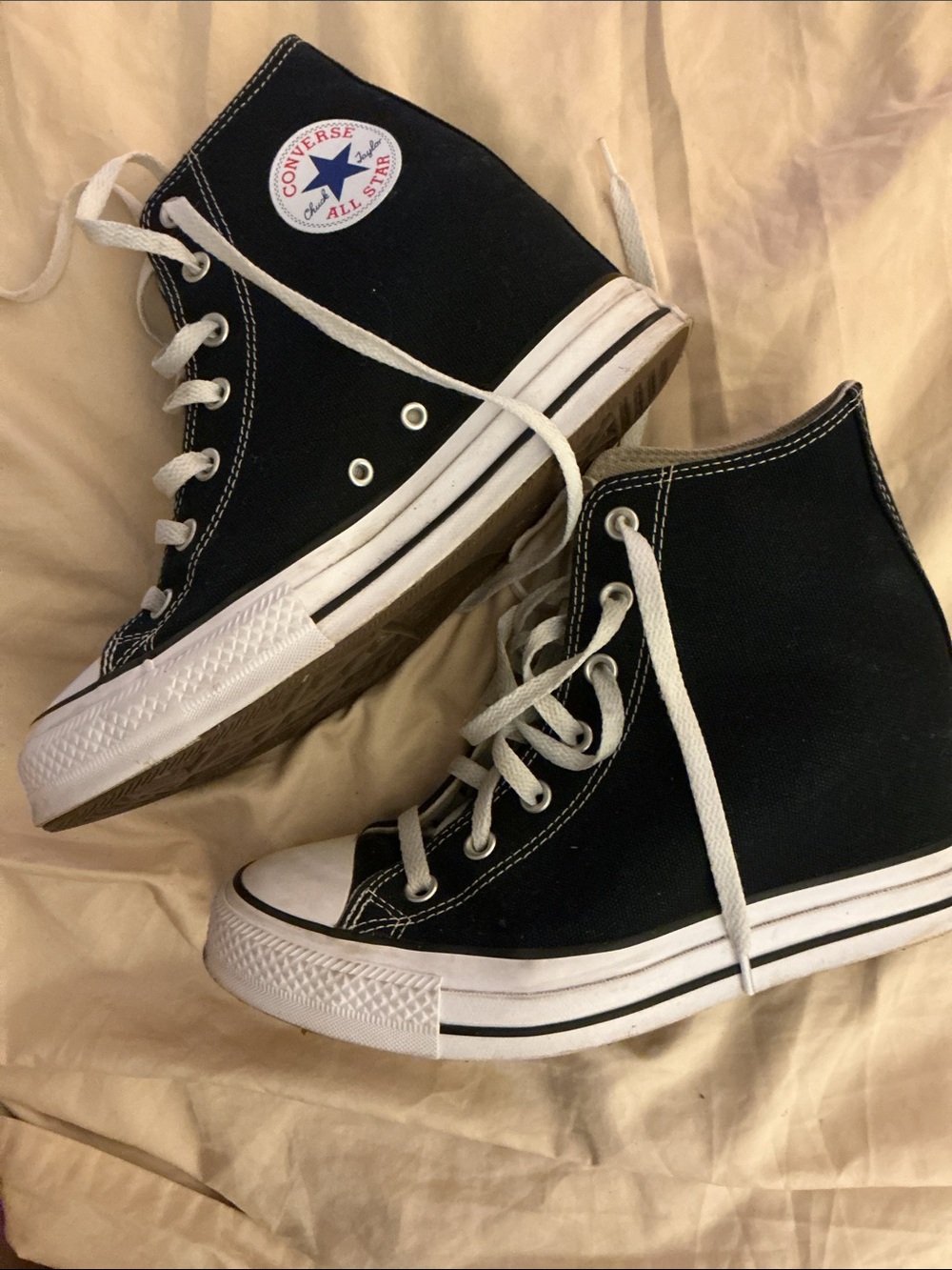 Converse wedged Black High-Top Chuck Taylor All Star Sneakers with White Trim - Picture 2 of 5